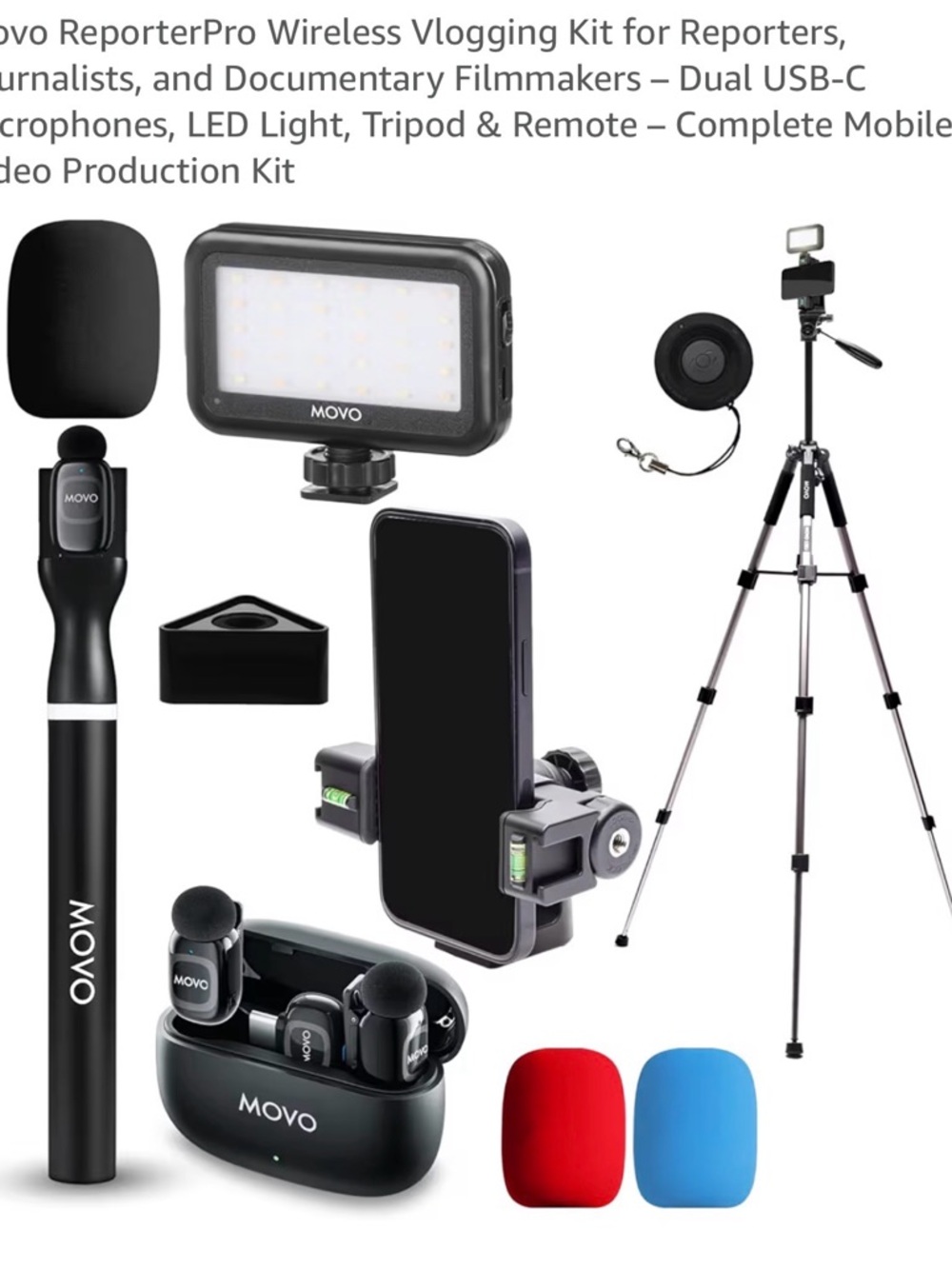 MOVO Wireless Vlogging Kit with LED Light & Tripod - Black/Red/Blue